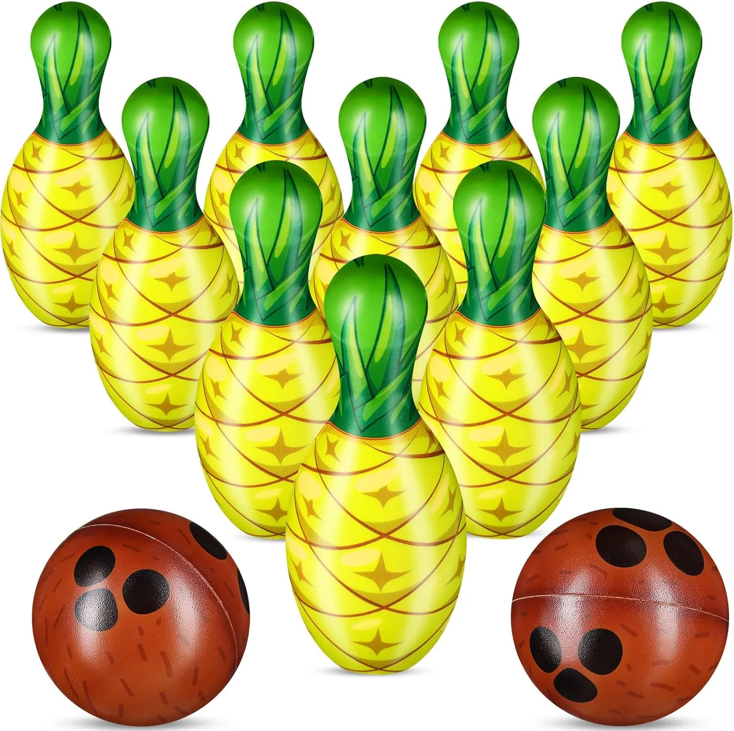 12 Pcs Bowling Set, 10 Soft Pins and 2 Cocout Balls for Kids Toddlers Tropical Hawaiian Luau Summer Birthday Party Games Indoor Outdoor Activities