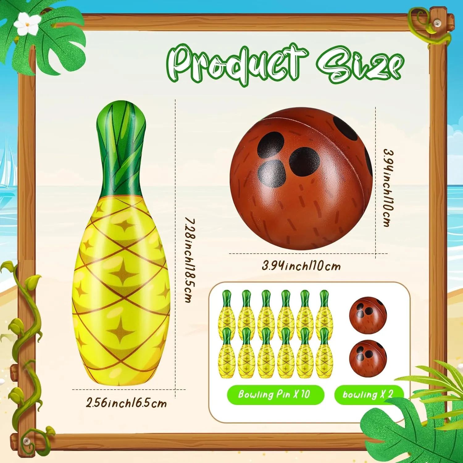 12 Pcs Bowling Set, 10 Soft Pins and 2 Cocout Balls for Kids Toddlers Tropical Hawaiian Luau Summer Birthday Party Games Indoor Outdoor Activities