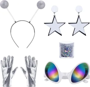 5 Pcs Alien Costume with Antenna Headband Glasses Silver Gloves Earring Face Glitter for Space Theme Halloween Costume Party