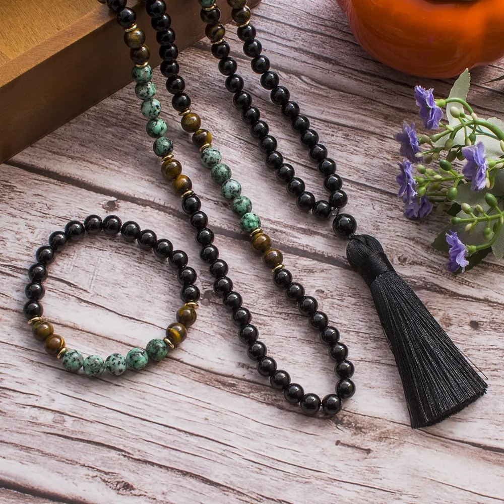 8mm African Turquoise Black Onyx Tiger Eye Beaded 108 Mala Prayer Necklace