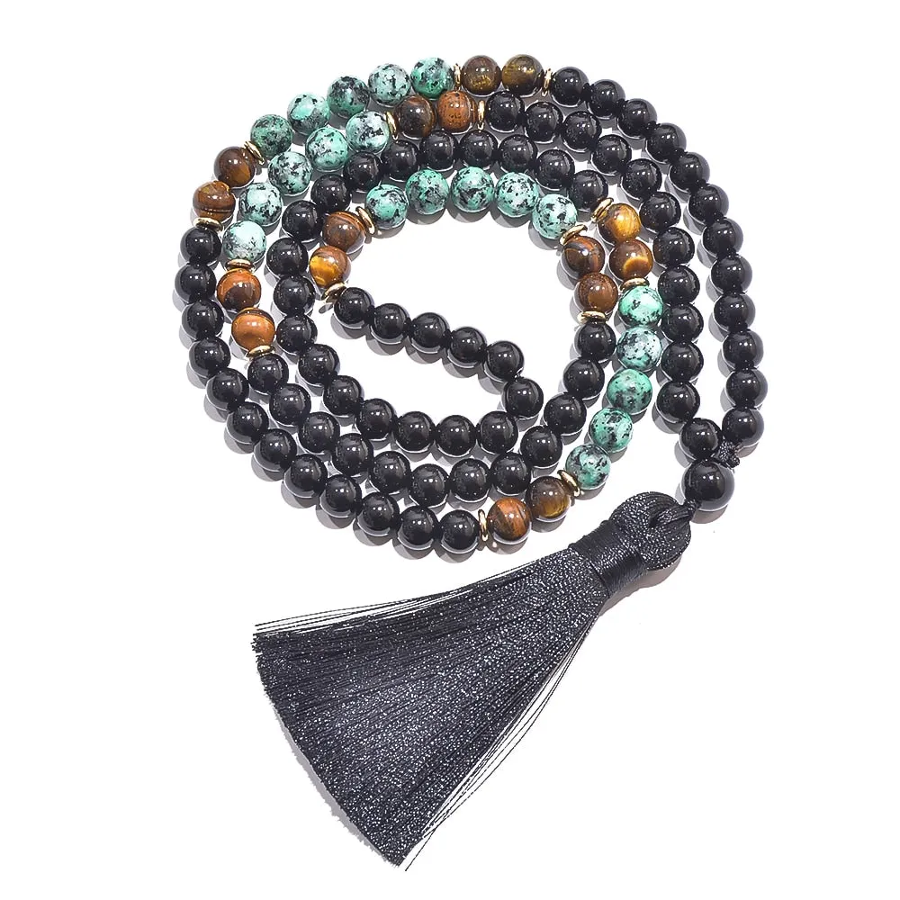 8mm African Turquoise Black Onyx Tiger Eye Beaded 108 Mala Prayer Necklace