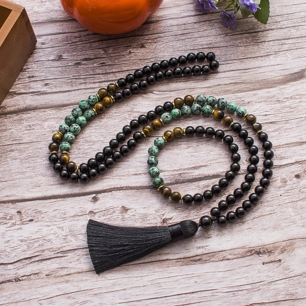8mm African Turquoise Black Onyx Tiger Eye Beaded 108 Mala Prayer Necklace