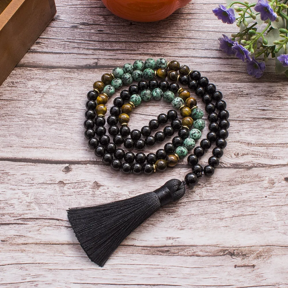 8mm African Turquoise Black Onyx Tiger Eye Beaded 108 Mala Prayer Necklace