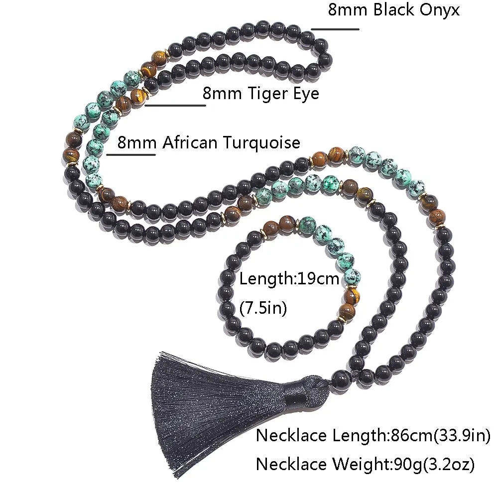 8mm African Turquoise Black Onyx Tiger Eye Beaded 108 Mala Prayer Necklace