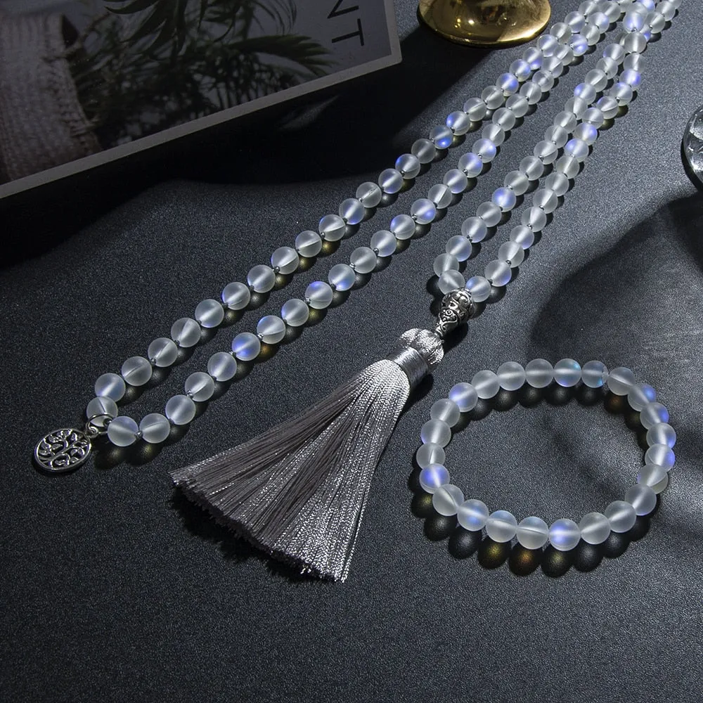 8mm Austrian Crystal Beaded Knotted 108 Mala Set Meditation Yoga Prayer Necklace Jewelry