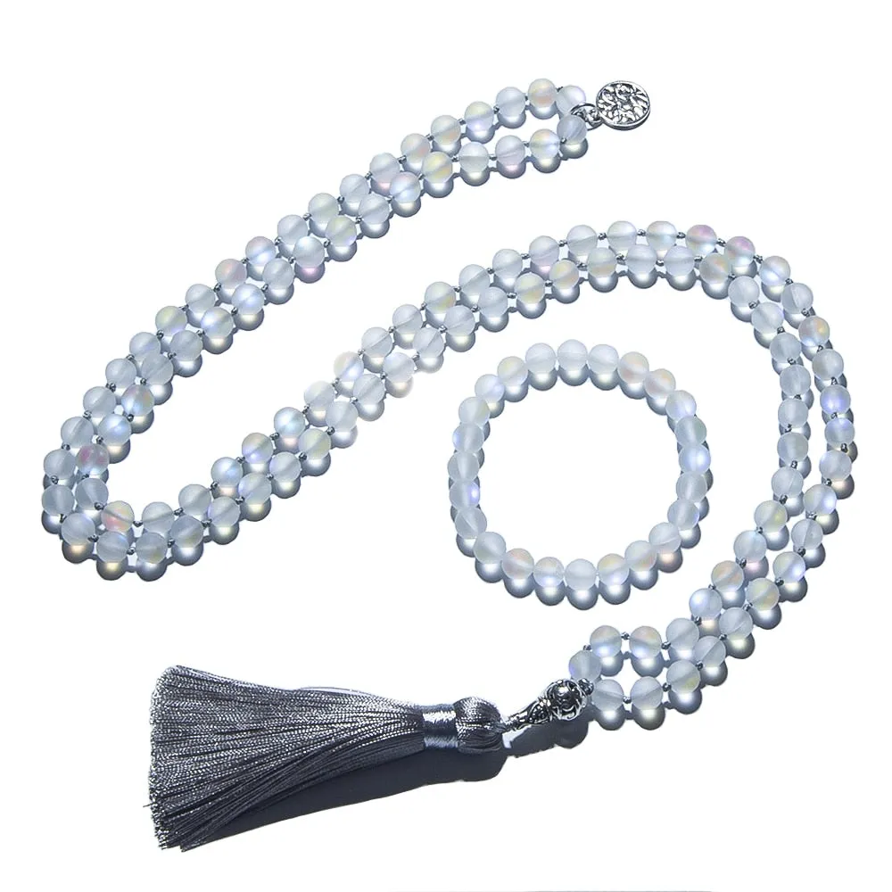 8mm Austrian Crystal Beaded Knotted 108 Mala Set Meditation Yoga Prayer Necklace Jewelry