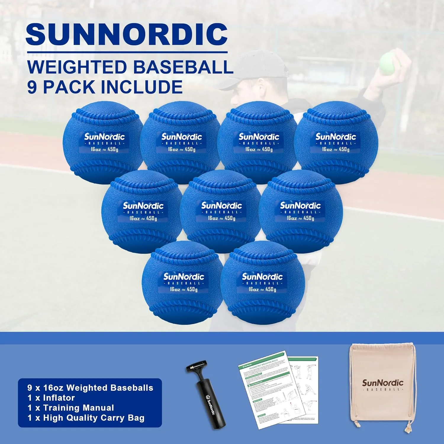 9 Pack Weighted Baseballs Set (16 oz) - Weighted Baseballs for Hitting Training & Improved Power - Pitching Training Baseball for All Skill Levels