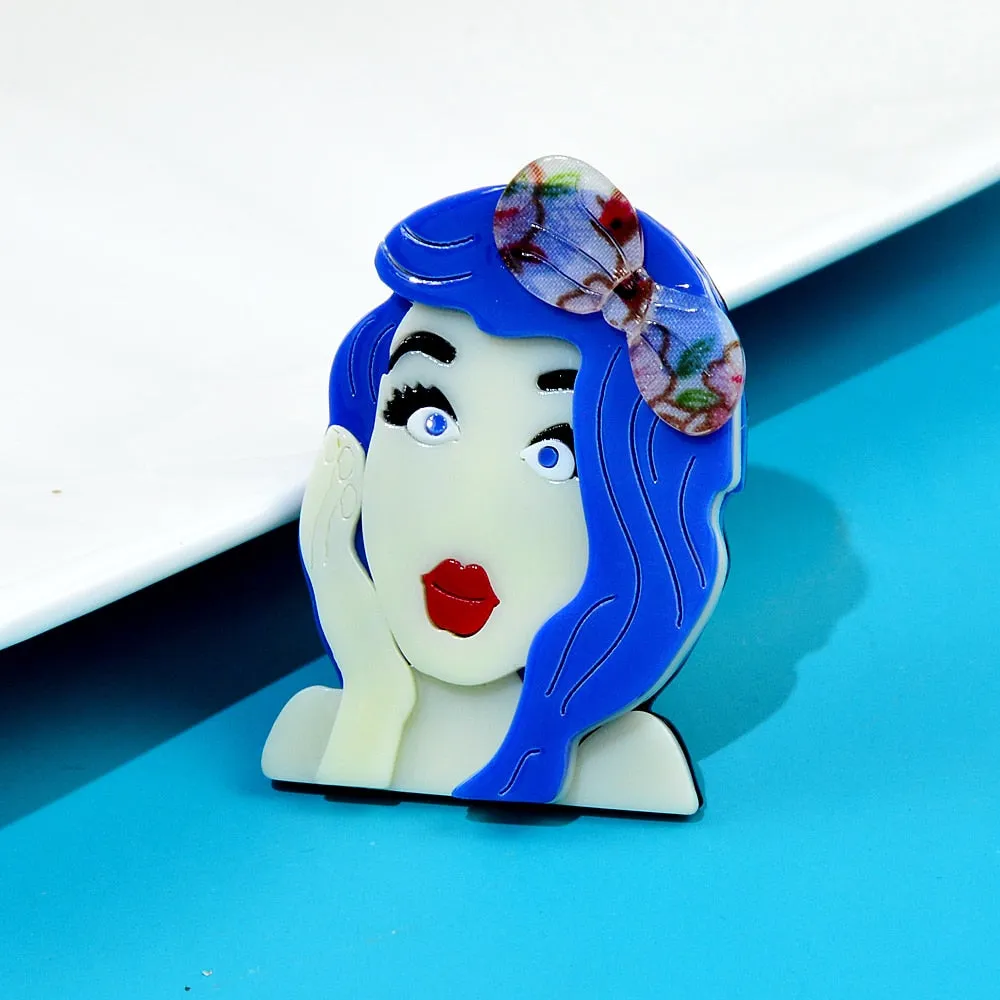 Acrylic Blue Hair Girl Brooch Pin Fashion New Beautiful Acetate Fiber Jewelry