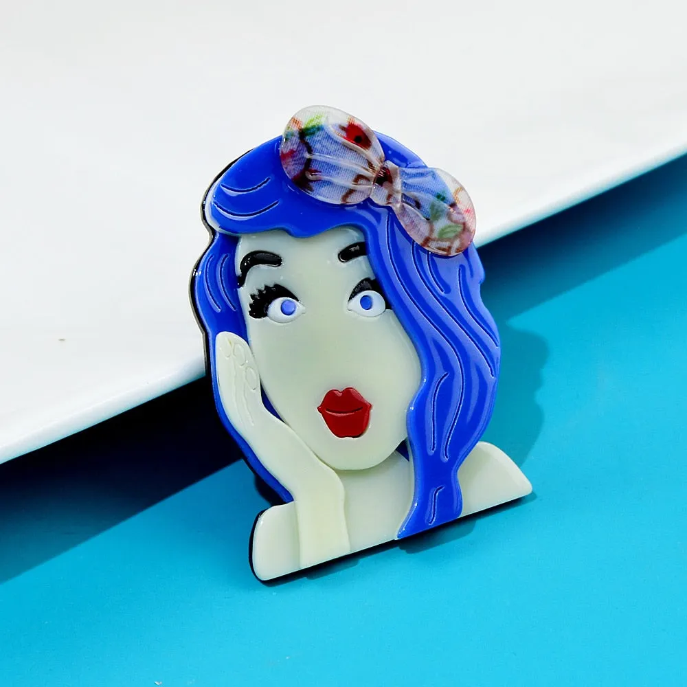 Acrylic Blue Hair Girl Brooch Pin Fashion New Beautiful Acetate Fiber Jewelry