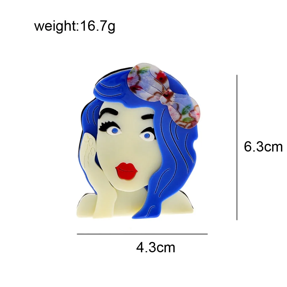 Acrylic Blue Hair Girl Brooch Pin Fashion New Beautiful Acetate Fiber Jewelry