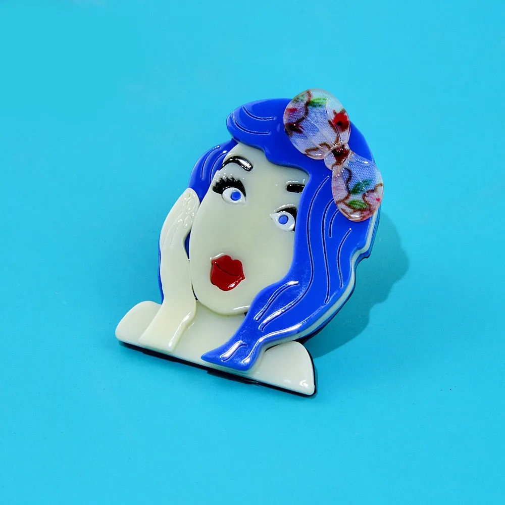 Acrylic Blue Hair Girl Brooch Pin Fashion New Beautiful Acetate Fiber Jewelry