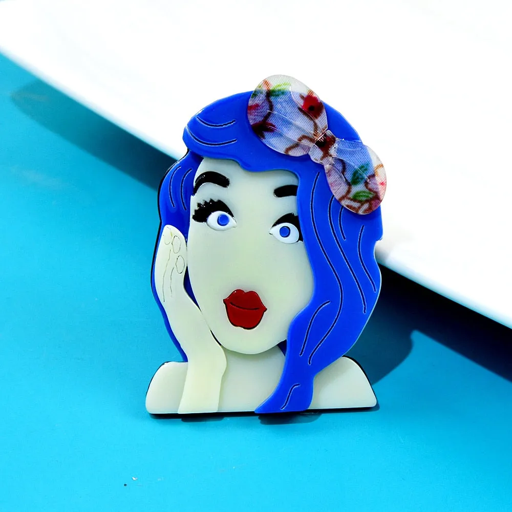 Acrylic Blue Hair Girl Brooch Pin Fashion New Beautiful Acetate Fiber Jewelry