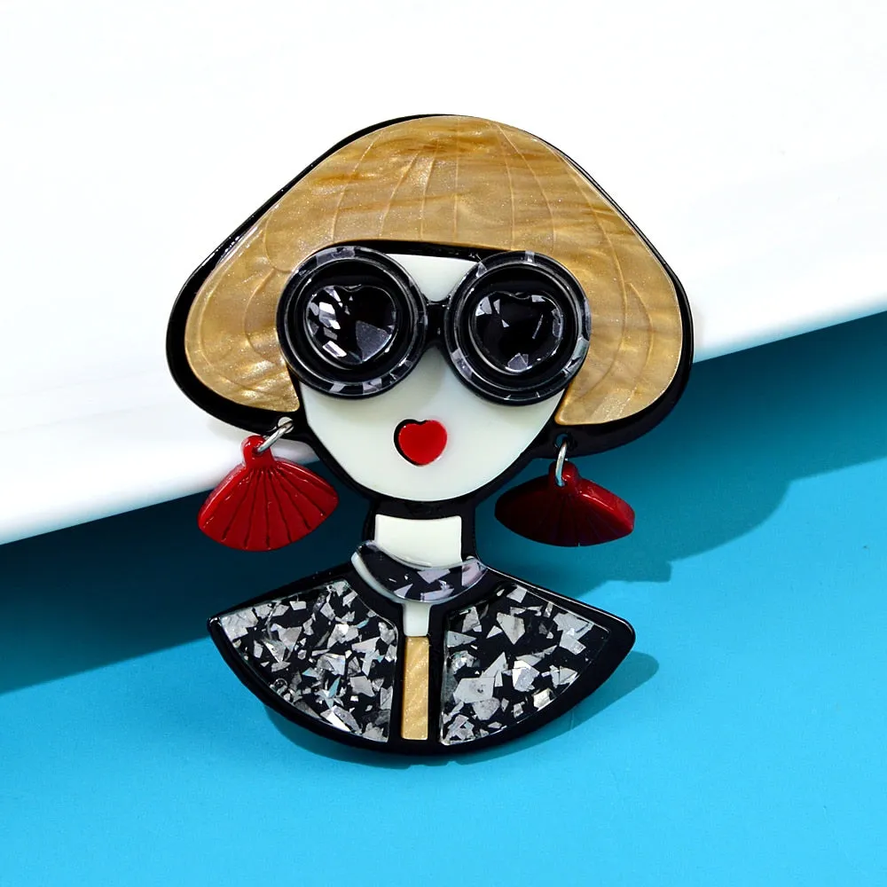Acrylic Wear Glasses Modern Girl Brooch Pins For Women