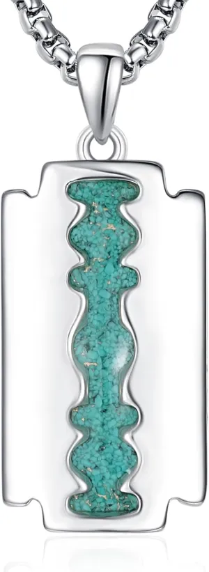 ADMETUS Razor Blade Necklace for Men Sterling Silver Razor Blade with Turquoise Pendant Hip Hop Jewelry with 2.5mm 22" 2" Round Box Chain