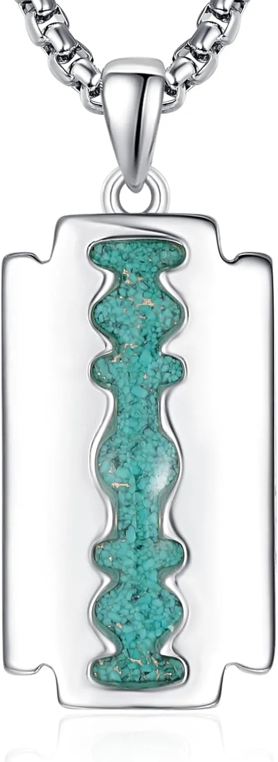 ADMETUS Razor Blade Necklace for Men Sterling Silver Razor Blade with Turquoise Pendant Hip Hop Jewelry with 2.5mm 22" 2" Round Box Chain