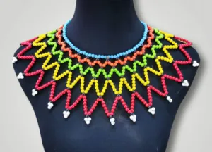 African choker, yellow and red handmade beaded shoulder length beaded zulu necklace from Kenya with free shipping