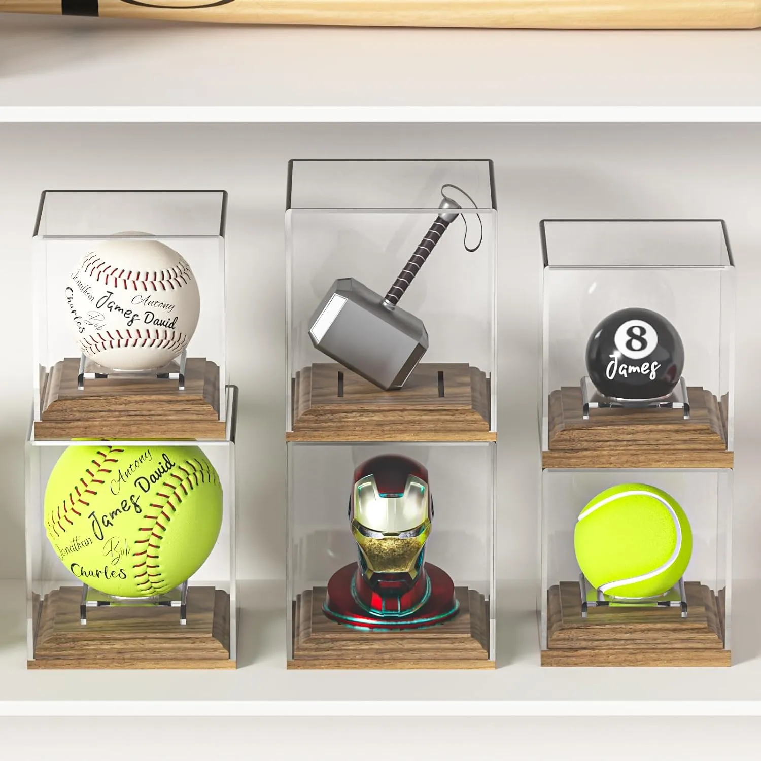 Baseball Case Display for Balls Walnut Wood Base Acrylic Baseball Display Case Baseball Holder Stand Cube Memorabilia Showcase Autograph Ball Protector for Official Size Ball Display