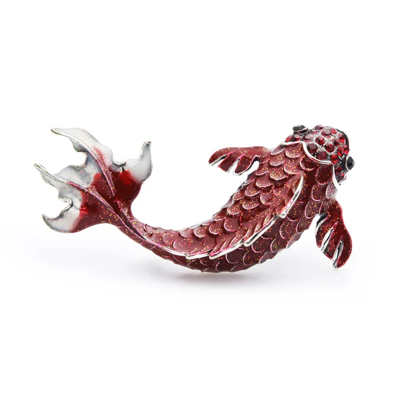 Big Red Carp Fish Brooches For Women Metal Rhinestone Fish Animal Brooch