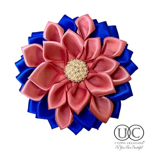 Blue & Pink Satin Ribbon Flower Brooch