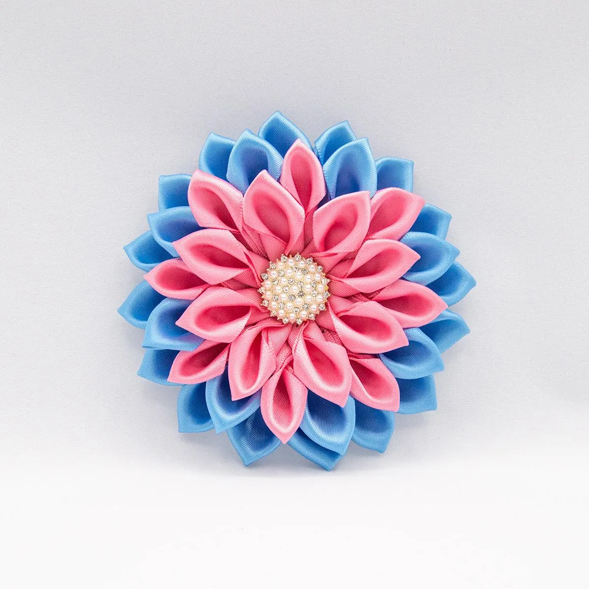Blue & Pink Satin Ribbon Flower Brooch