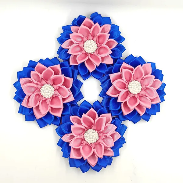 Blue & Pink Satin Ribbon Flower Brooch