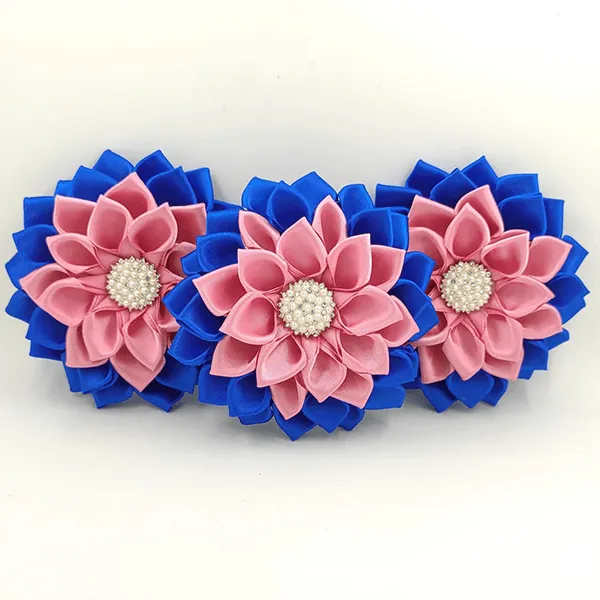 Blue & Pink Satin Ribbon Flower Brooch