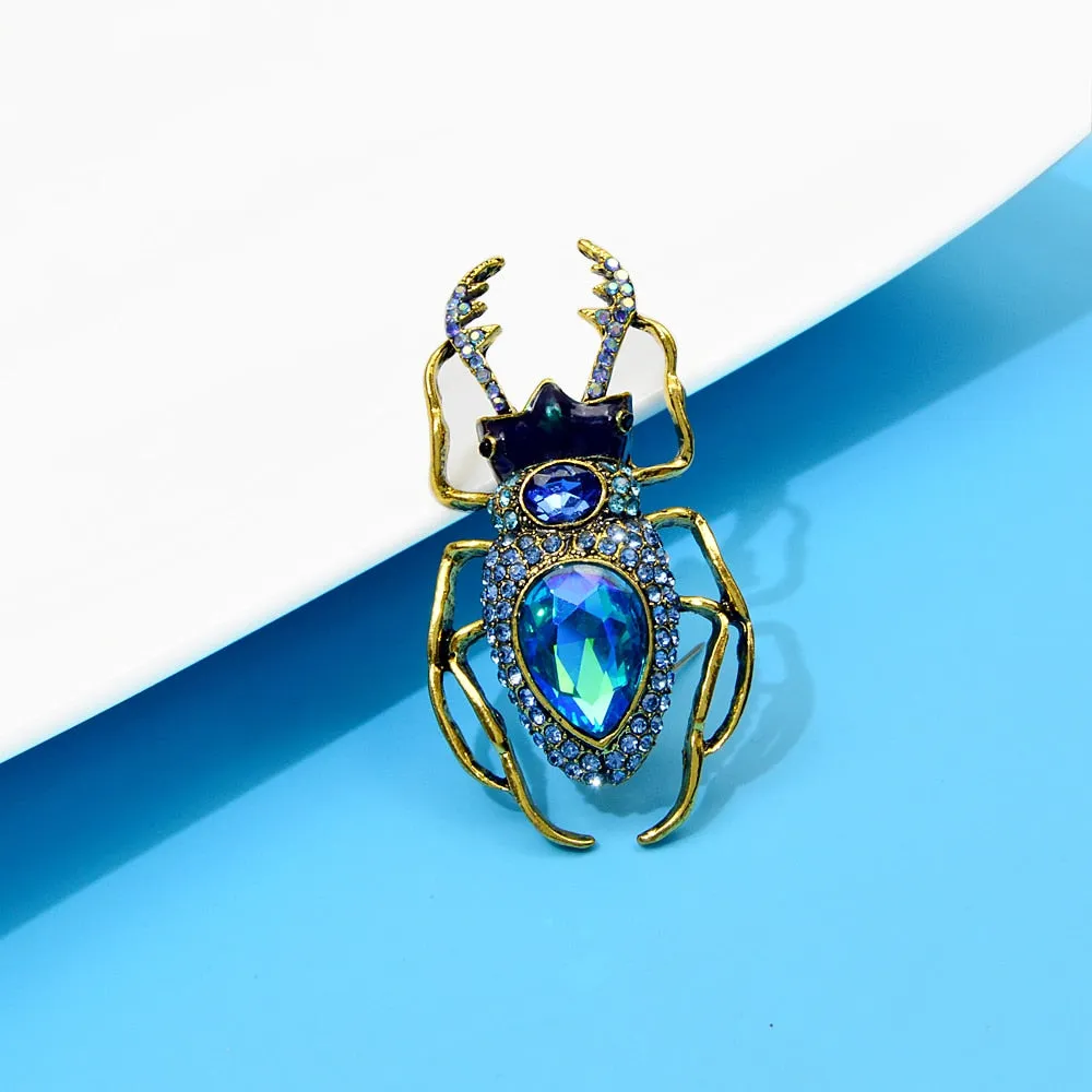 Blue Crystal Beetle Brooches For Women Vintage Bug Pin Insect Jewelry