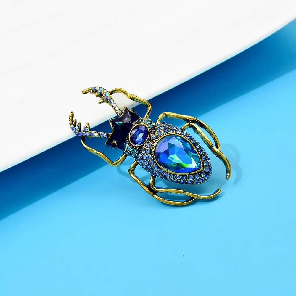 Blue Crystal Beetle Brooches For Women Vintage Bug Pin Insect Jewelry