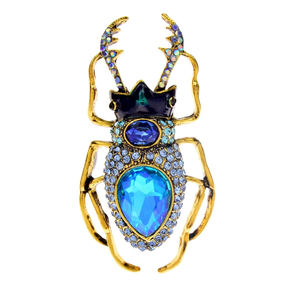 Blue Crystal Beetle Brooches For Women Vintage Bug Pin Insect Jewelry