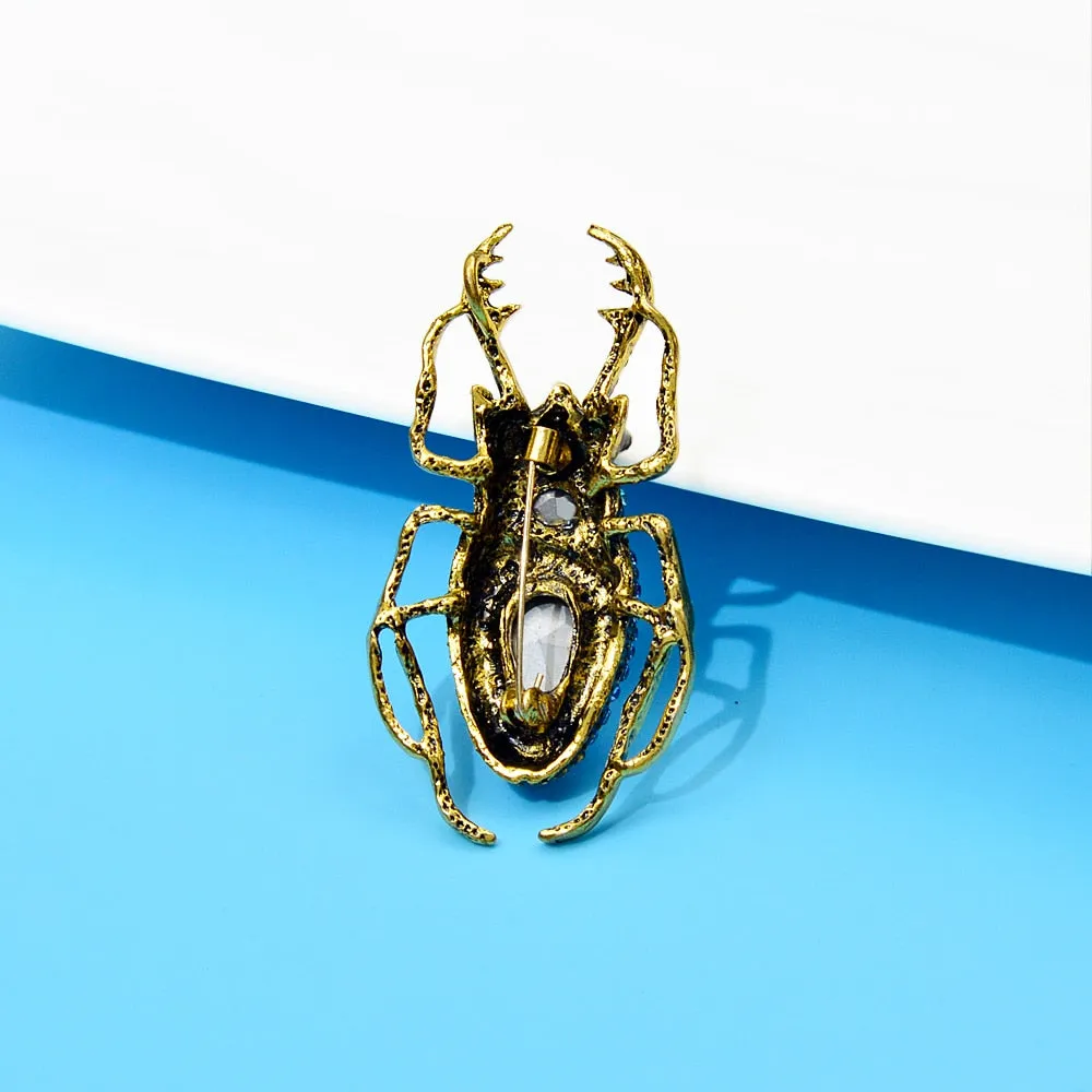 Blue Crystal Beetle Brooches For Women Vintage Bug Pin Insect Jewelry