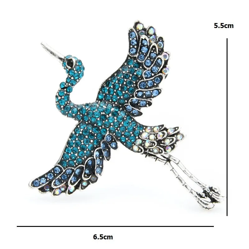 Blue Pink Rhinestone Crane Bird Brooches Women Alloy Sparking Animal Party Casual Brooch