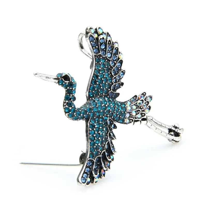 Blue Pink Rhinestone Crane Bird Brooches Women Alloy Sparking Animal Party Casual Brooch