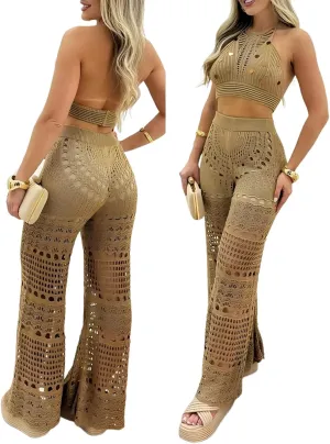 ChicMe Womens Crochet Cover-ups 2 Pieces Halter Sleeveless Crop Top and Casual Hollow-out Loose Fit Pants Set