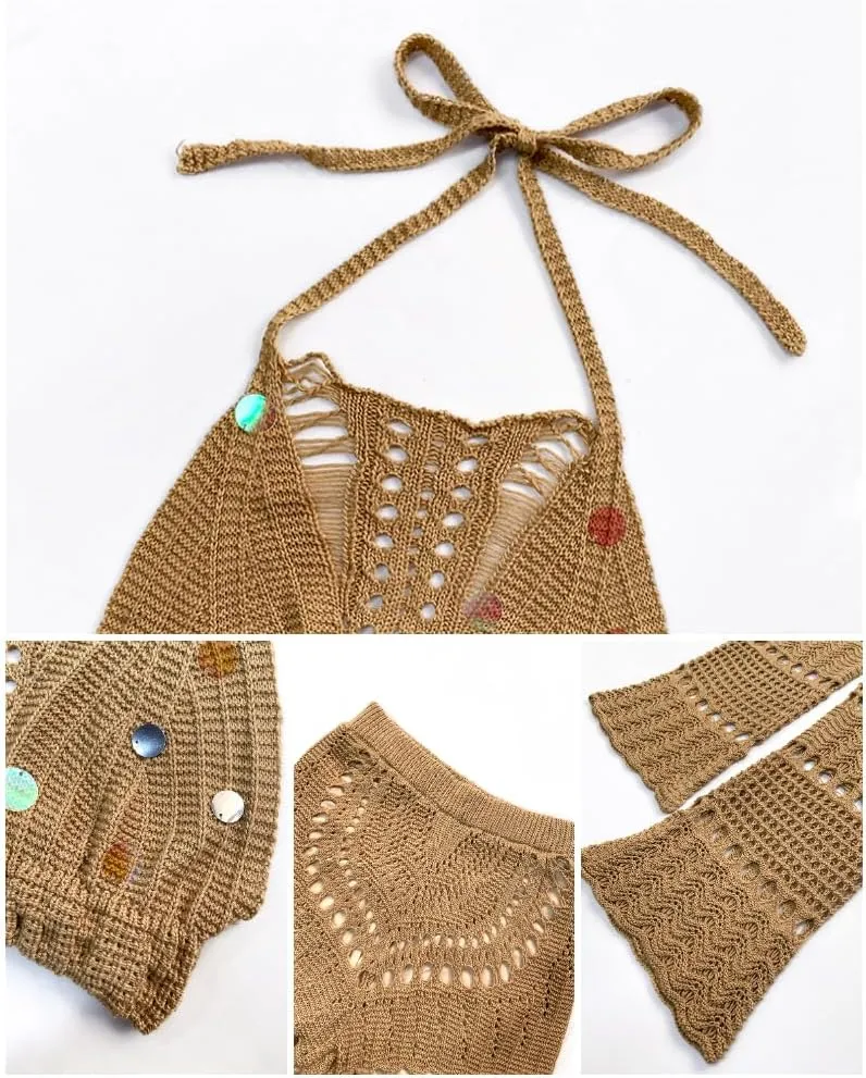 ChicMe Womens Crochet Cover-ups 2 Pieces Halter Sleeveless Crop Top and Casual Hollow-out Loose Fit Pants Set