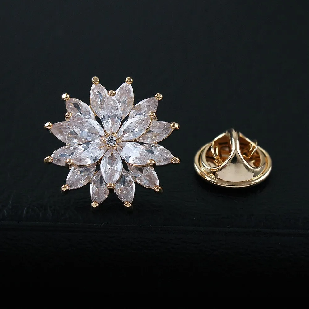 Copper And Cubic Zirconia Flower Pins Brooches For Women