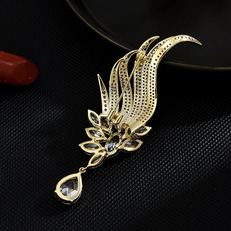 Copper Micro Inlaid Cubic Zirconia Angel Feathers Luxury Brooch Jewelry Gift