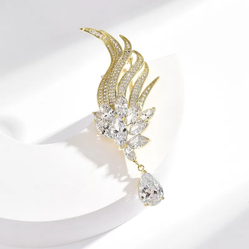 Copper Micro Inlaid Cubic Zirconia Angel Feathers Luxury Brooch Jewelry Gift