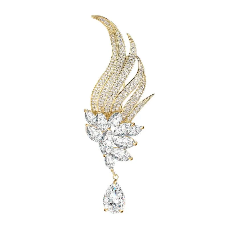 Copper Micro Inlaid Cubic Zirconia Angel Feathers Luxury Brooch Jewelry Gift