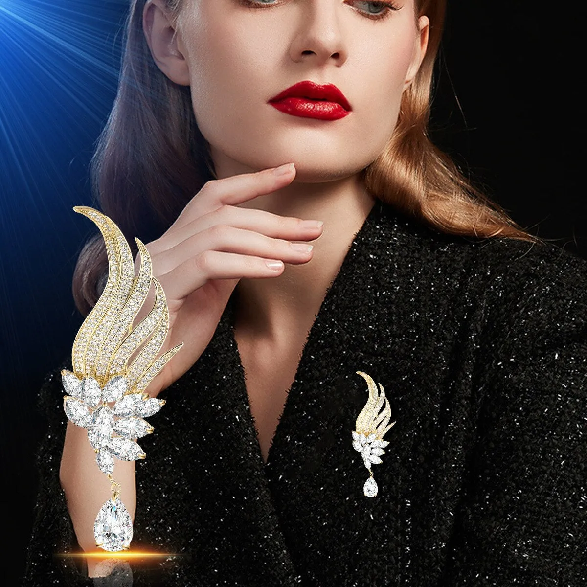 Copper Micro Inlaid Cubic Zirconia Angel Feathers Luxury Brooch Jewelry Gift