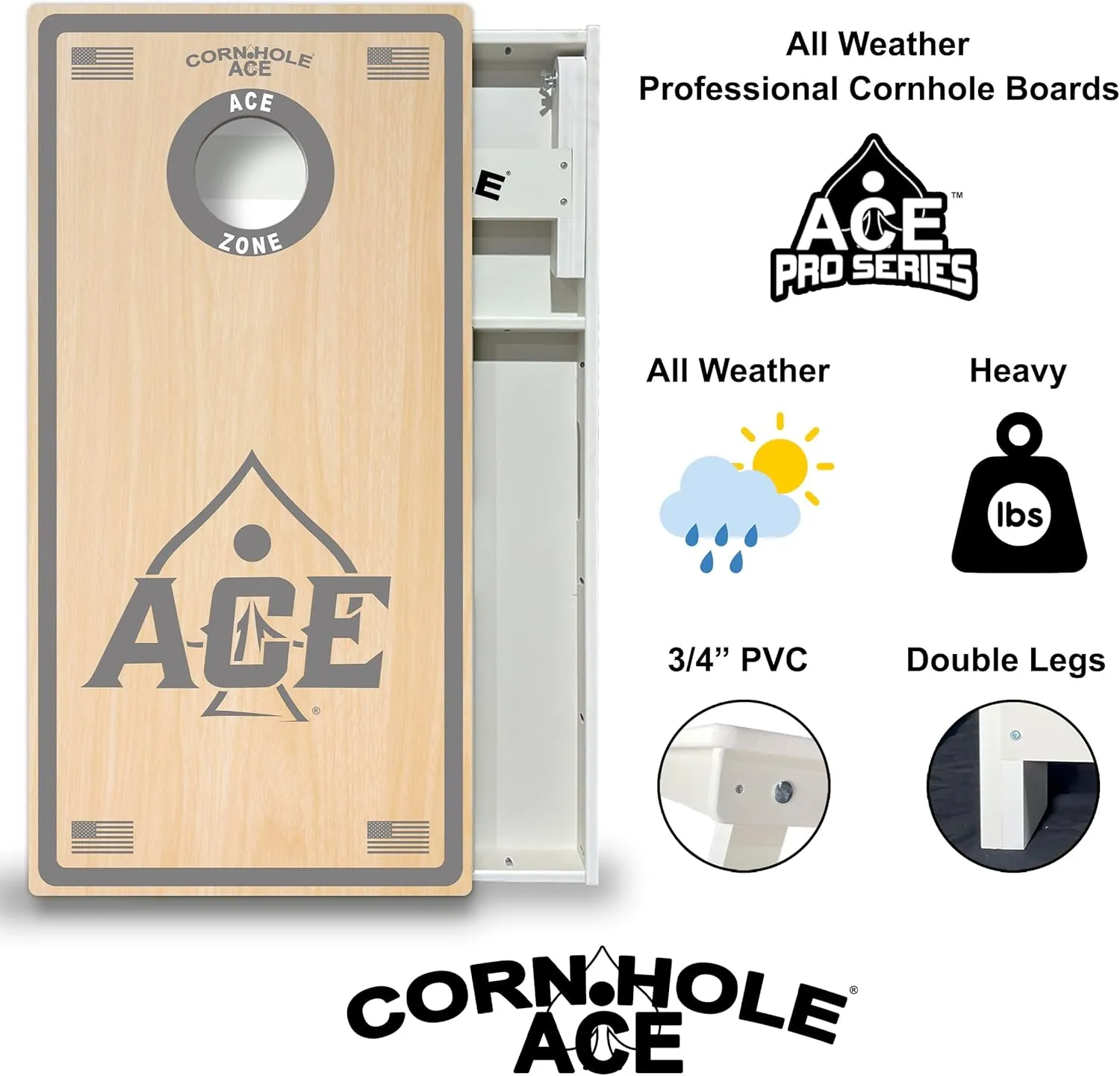 CornholeAce ACE Zone All Weather Pro Cornhole Board Set, Waterproof 4x2 Regulation Size, Made in USA, Triple Wide Legs, 3/4" PVC, Official Pro Tournament Boards, Rain Proof & Outdoor-Ready (2 Boards)