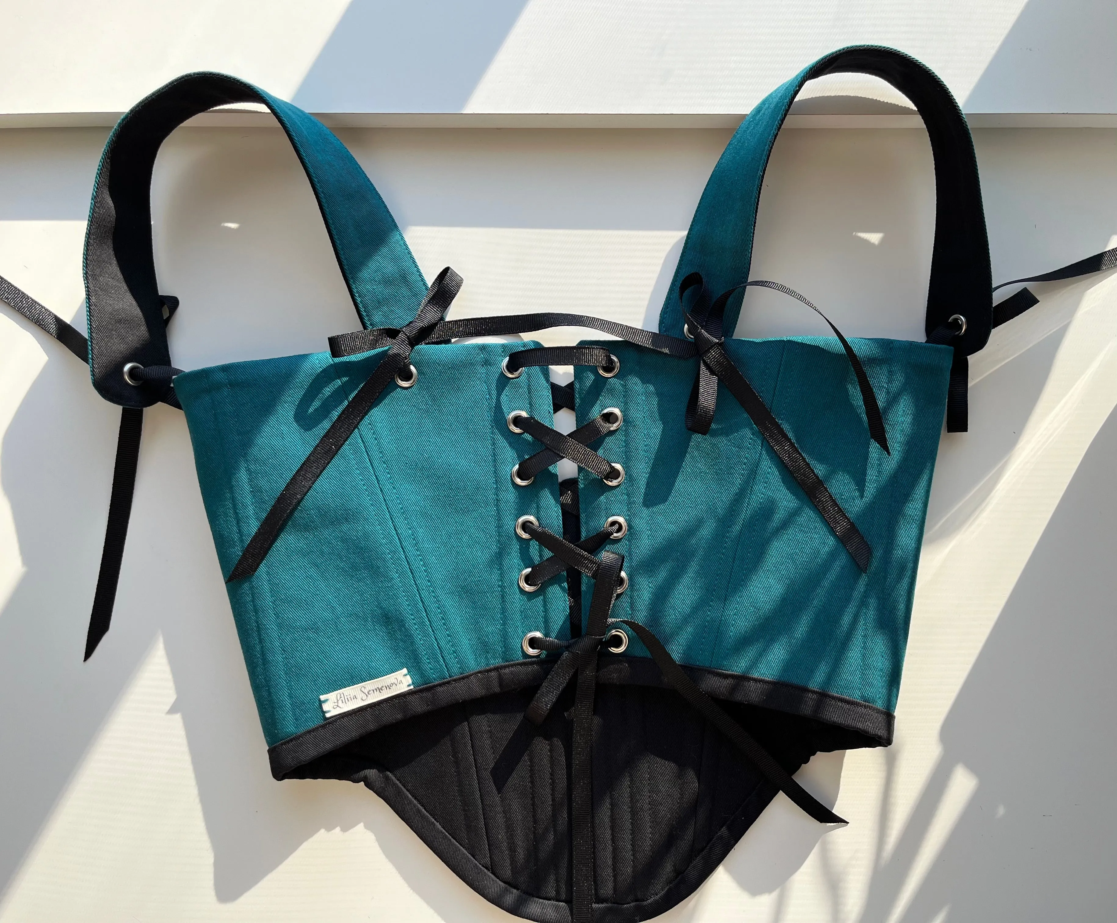 Custom for S_v02 Reversible black/teal underbust with shoulder straps size S