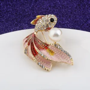 Cute Color Goldfish Brooch Fashion Rhinesonte Pearl Fish Animal Pin Brooches