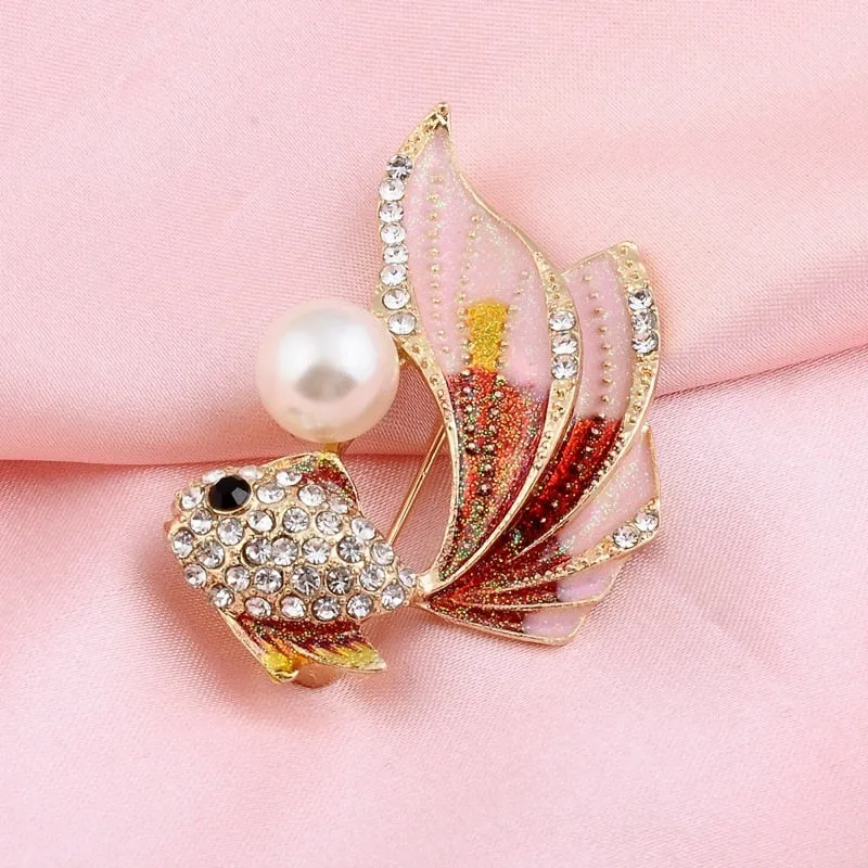 Cute Color Goldfish Brooch Fashion Rhinesonte Pearl Fish Animal Pin Brooches