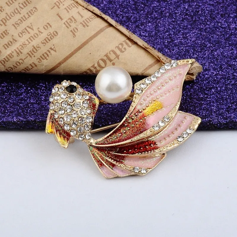 Cute Color Goldfish Brooch Fashion Rhinesonte Pearl Fish Animal Pin Brooches