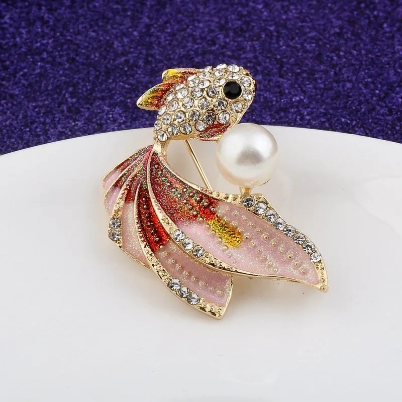 Cute Color Goldfish Brooch Fashion Rhinesonte Pearl Fish Animal Pin Brooches