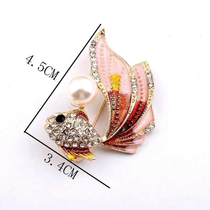 Cute Color Goldfish Brooch Fashion Rhinesonte Pearl Fish Animal Pin Brooches