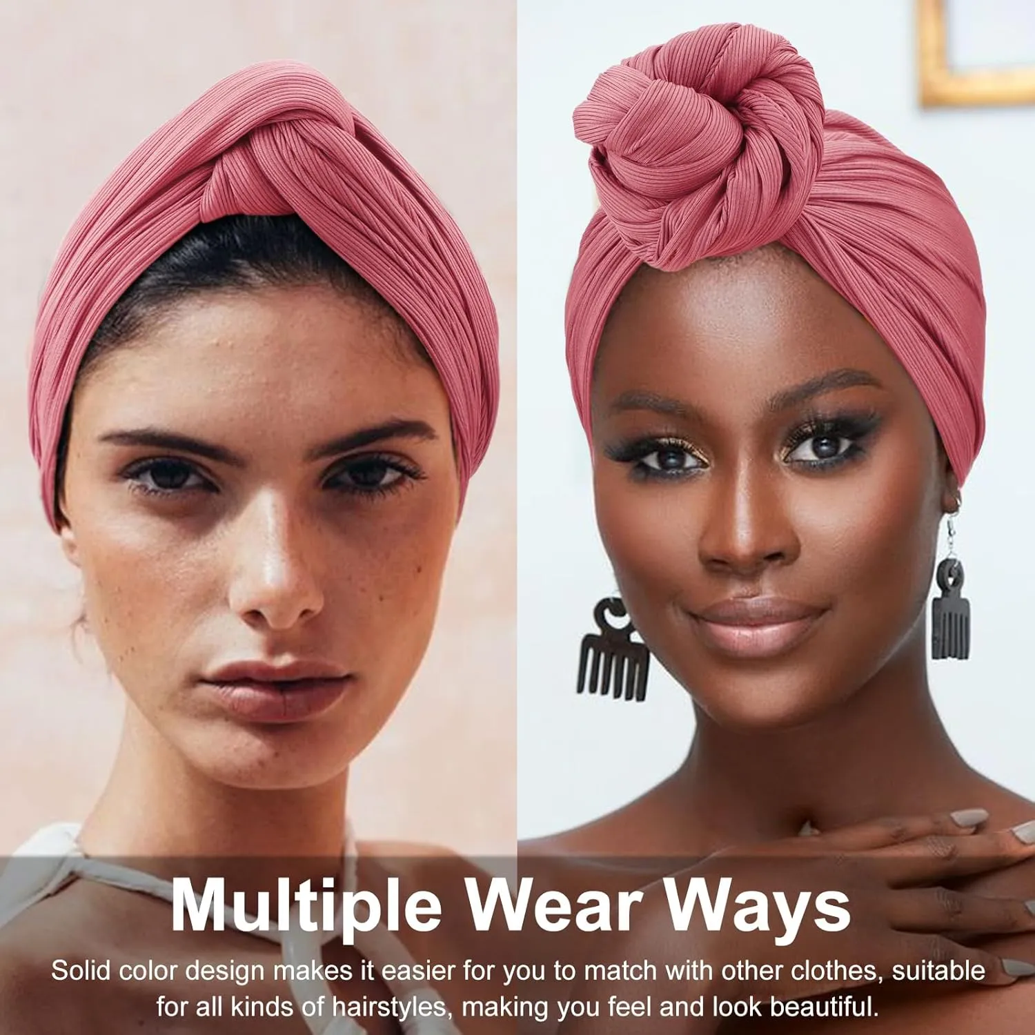 DRESHOW Hair Wrap for Women African Turban Knotted Hairwraps for Sleeping Long Stretch Jersey Head Scarf Ribbed Turban