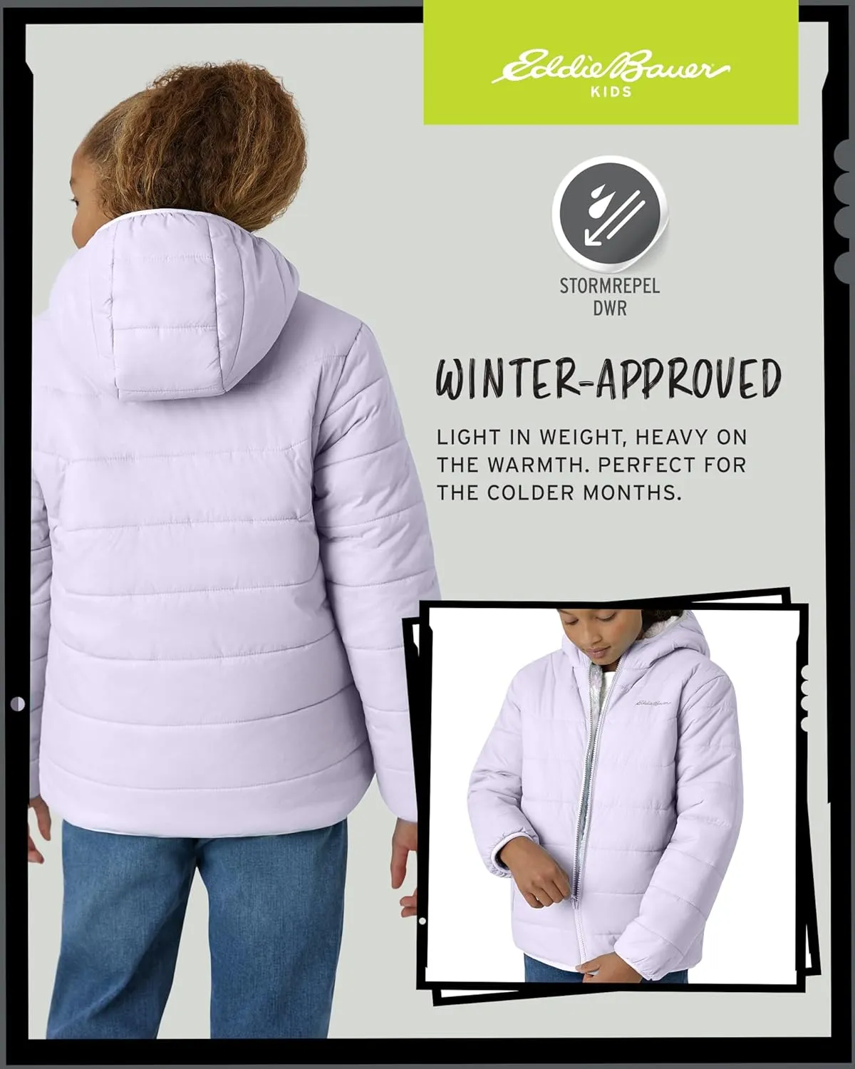 Eddie Bauer Girls' Reversible Jacket - Deer Harbor Waterproof Lightweight Puffer Coat with Faux Shearling Lining (5-20)