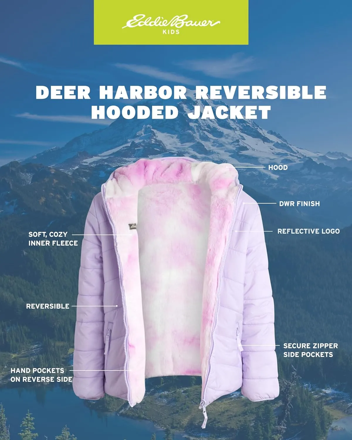 Eddie Bauer Girls' Reversible Jacket - Deer Harbor Waterproof Lightweight Puffer Coat with Faux Shearling Lining (5-20)