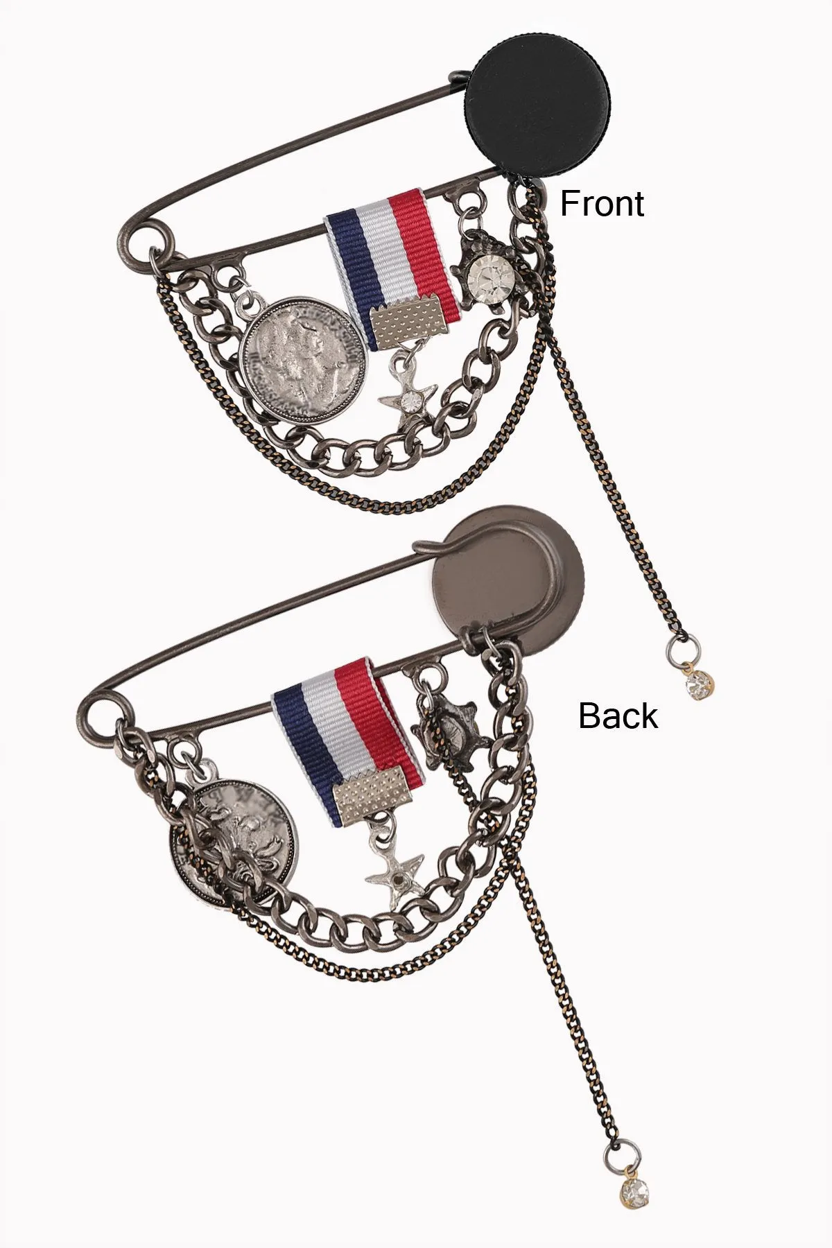 Elegant Flag and Coin Chain Hanging Safety Pin Brooch